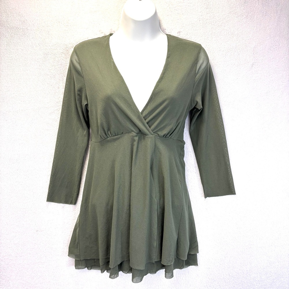 Vintage Y2K Mesh Babydoll Top Shirt Womens Medium Green‎ Forest Fairy Boho Indie